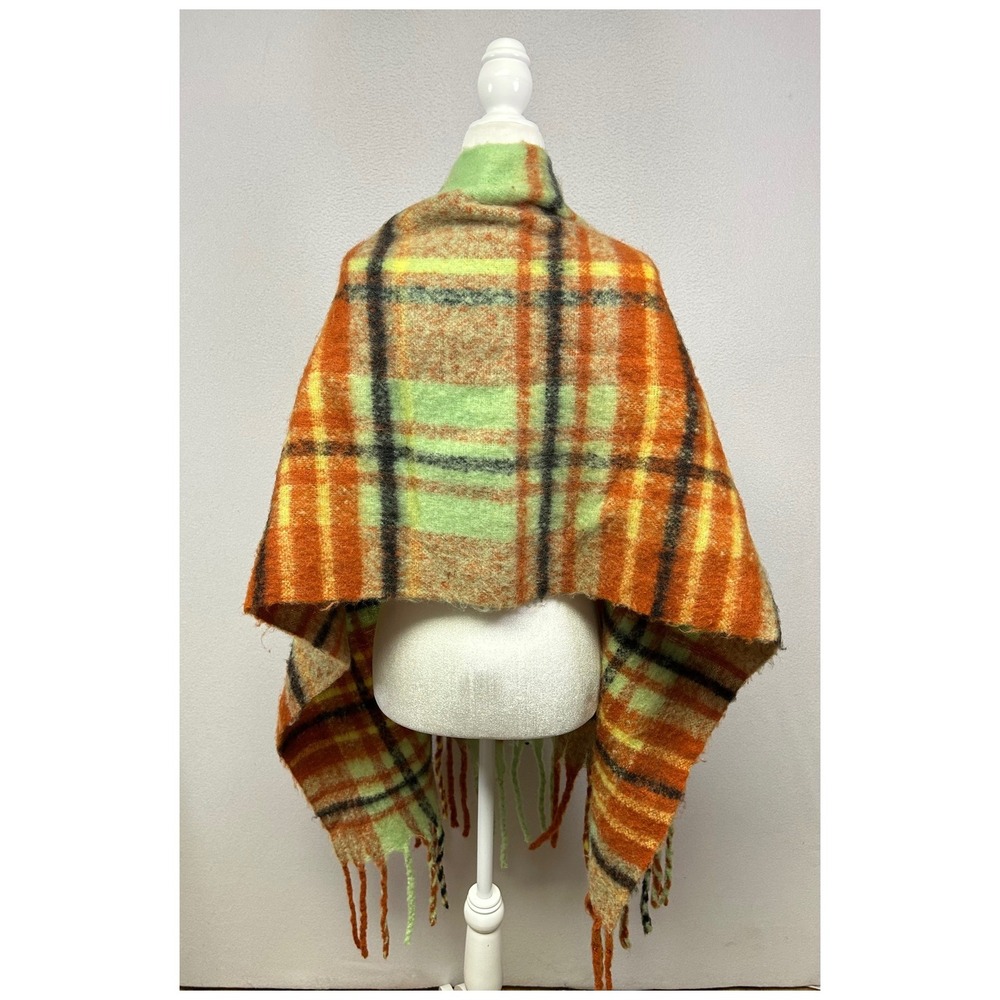 Gorpcore Urban Outfitters Women One Size Orange Green Plaid Fringe Blanket Scarf - Picture 2 of 8